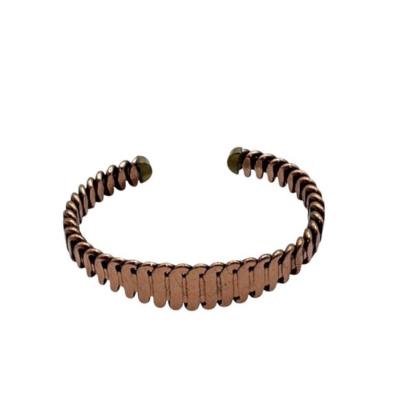 Handcrafted Copper Cuff Bracelet With Textured Chain Link Adjustable Fit Unisex - Picture 2 of 7